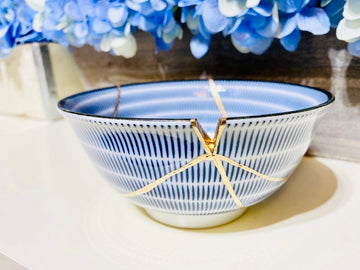 Kintsugi Repaired Japanese Blue Spiral Bowl